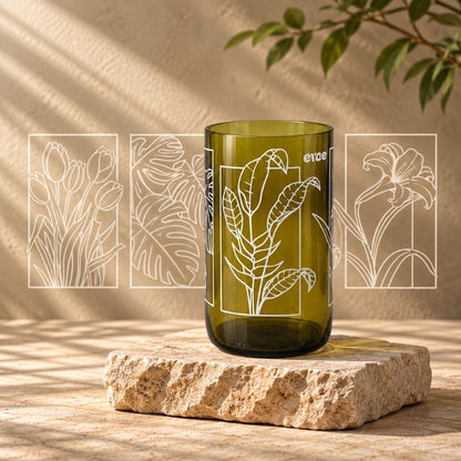 vaso de cristal hecho a partir de botellas de vino, serigrafiado con diseño inspirado en la naturaleza